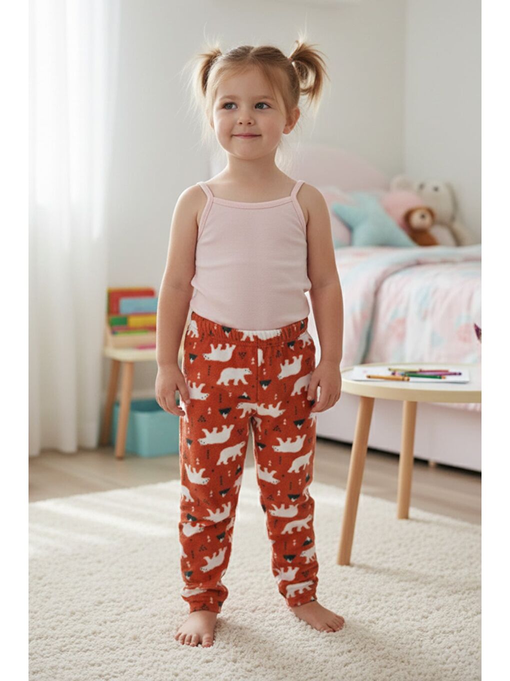 Kahverengi Kutup Ayısı Desenli Polar Unisex Çocuk Pijama Altı