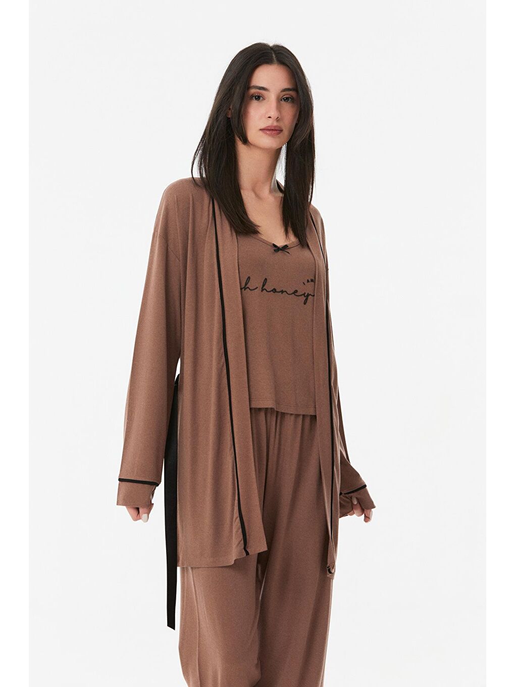 Kahverengi Baskılı 3 Lü Pijama Takımı-1