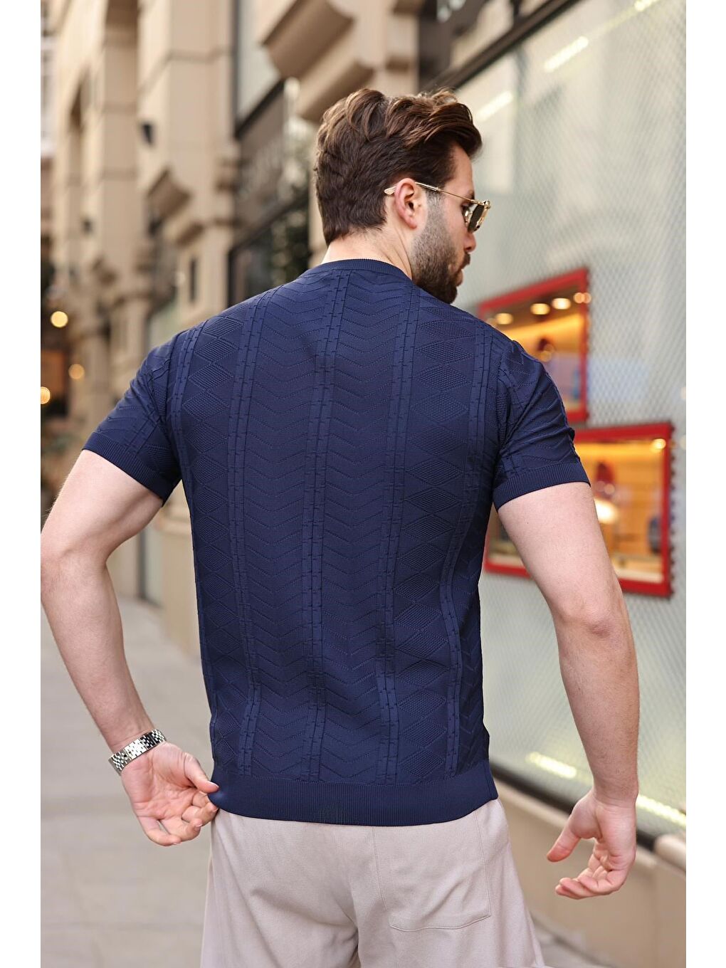 Lacivert Bisiklet Yaka Slim Fit Triko Erkek Tişört E7466-3