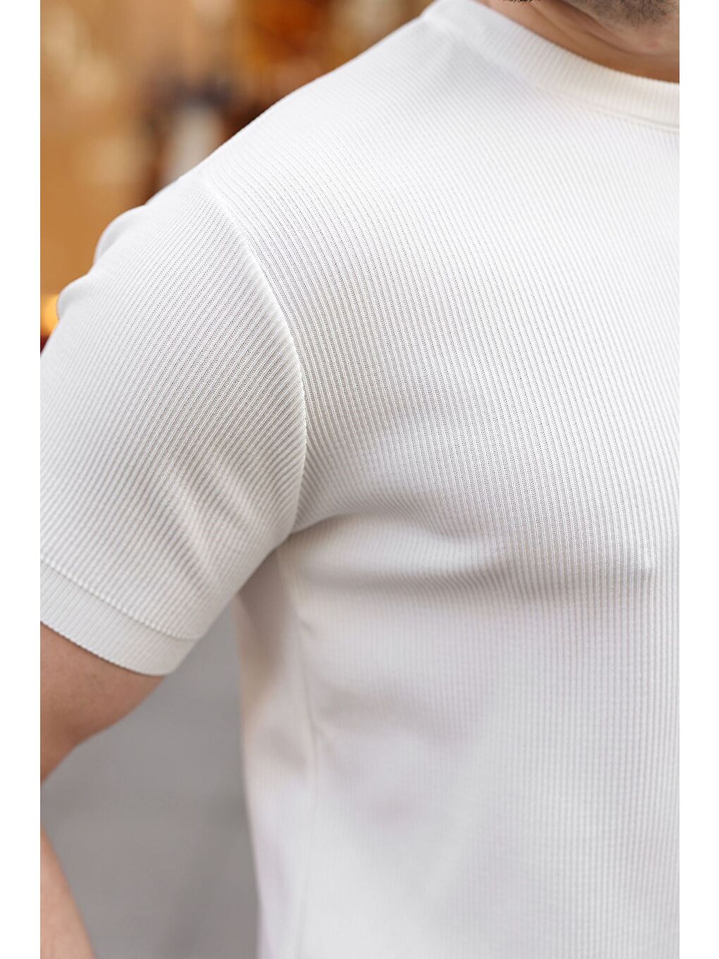 Beyaz Bisiklet Yaka Fitilli Erkek Tişört E7474-2