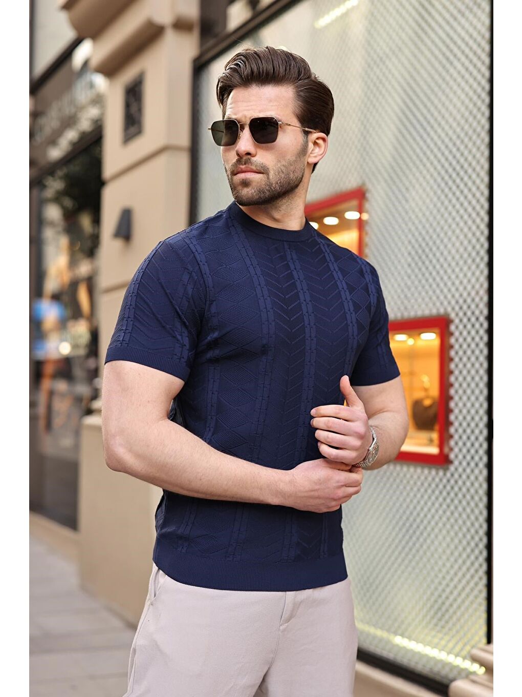 Lacivert Bisiklet Yaka Slim Fit Triko Erkek Tişört E7466-4