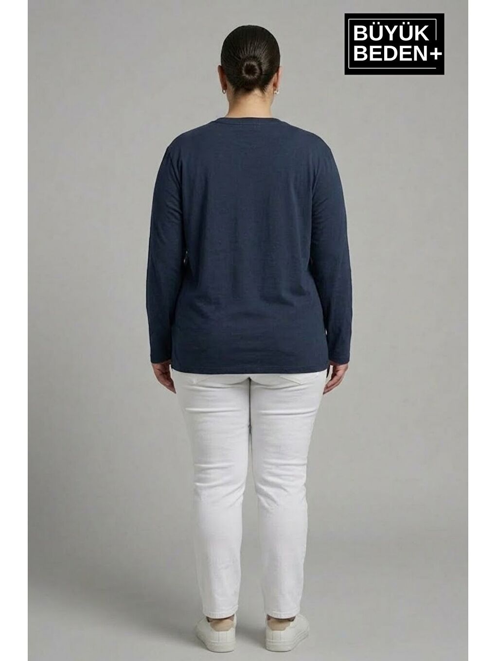 Lacivert Kadın Büyük Beden Milano İtalia Baskılı 2 İplik Bisiklet Yaka Tişört SPR26BTSK942-9-2