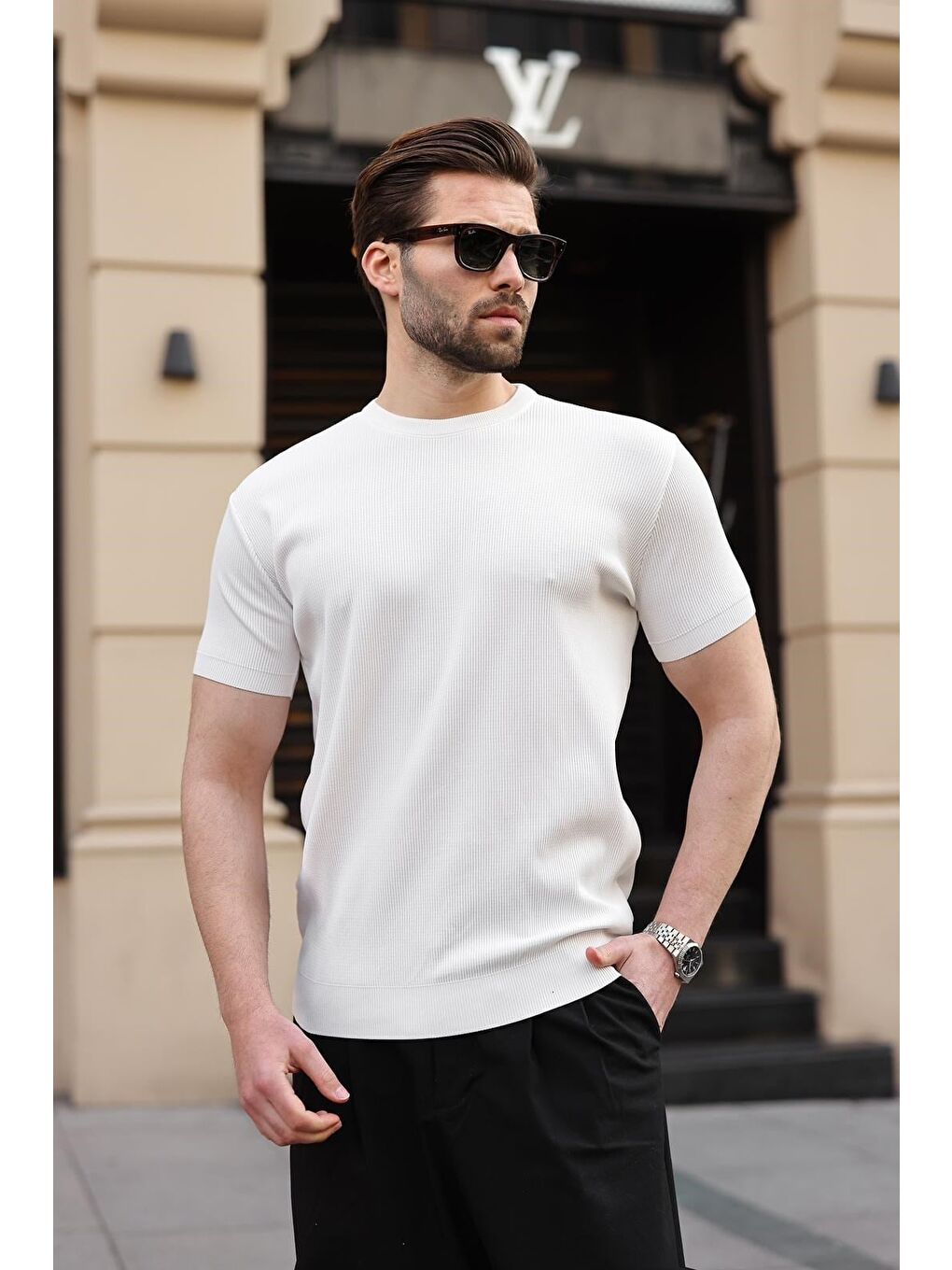 Beyaz Bisiklet Yaka Fitilli Erkek Tişört E7474-3