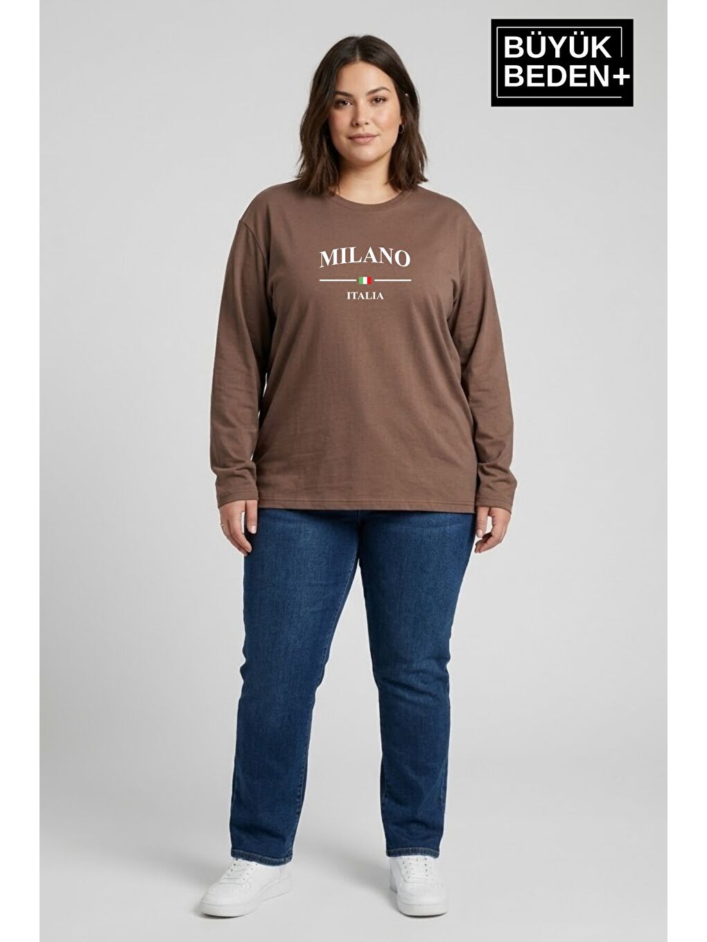 Kahverengi Kadın Büyük Beden Milano İtalia Baskılı 2 İplik Bisiklet Yaka Tişört SPR26BTSK942-9