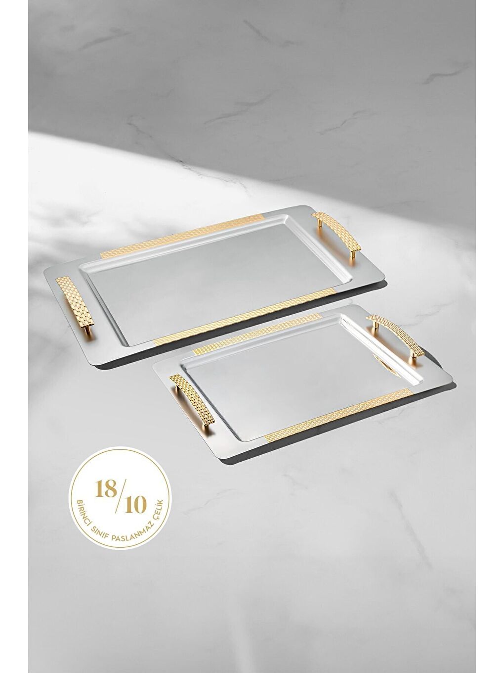 Sarı Sırma 2'li Altın Saten Çelik Tepsi Seti