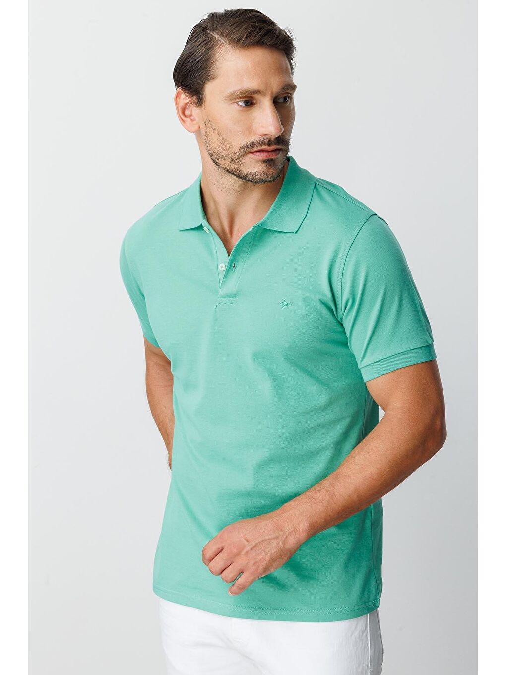 Nil Yeşili Modern Fit Dar Kalıp Polo Yaka Düz Kısa Kollu Pamuklu Tişört