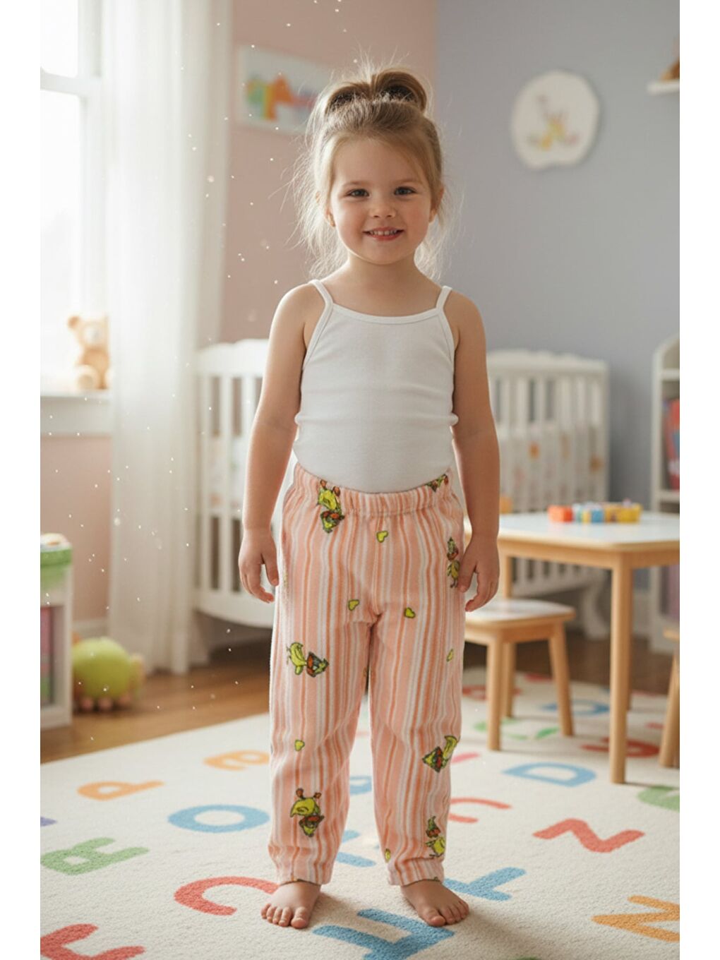 Pembe Ördek Desenli Polar Unisex Çocuk Pijama Altı