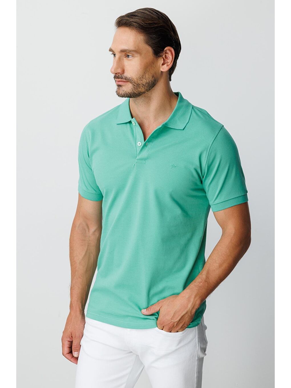 Nil Yeşili Modern Fit Dar Kalıp Polo Yaka Düz Kısa Kollu Pamuklu Tişört-1