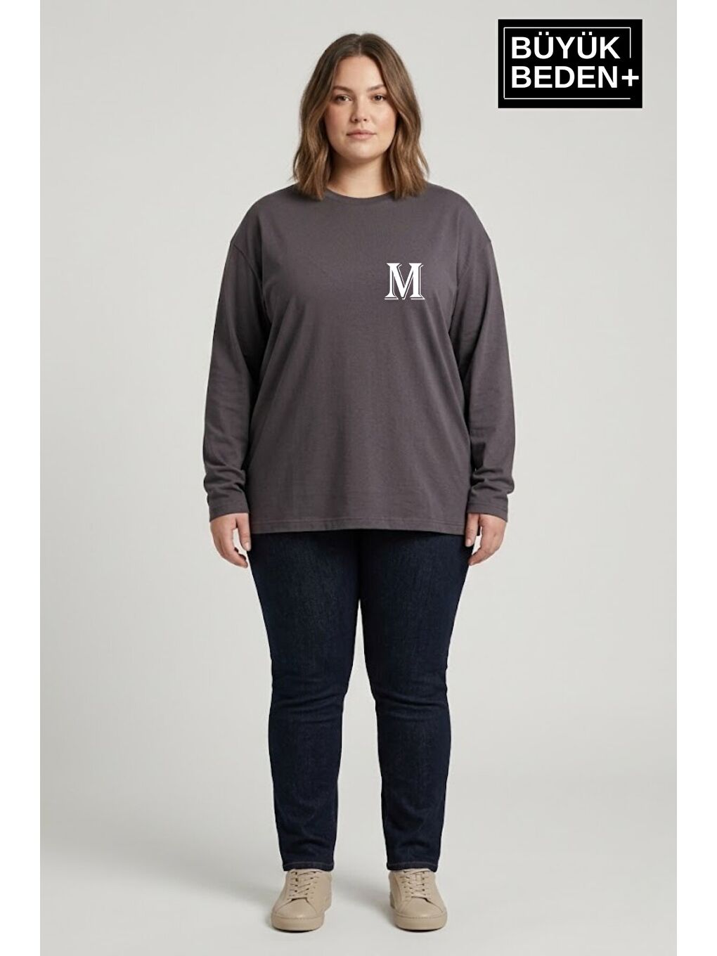 Gri Kadın Büyük Beden M Baskılı 2 İplik Bisiklet Yaka Tişört SPR26BTSK942-13