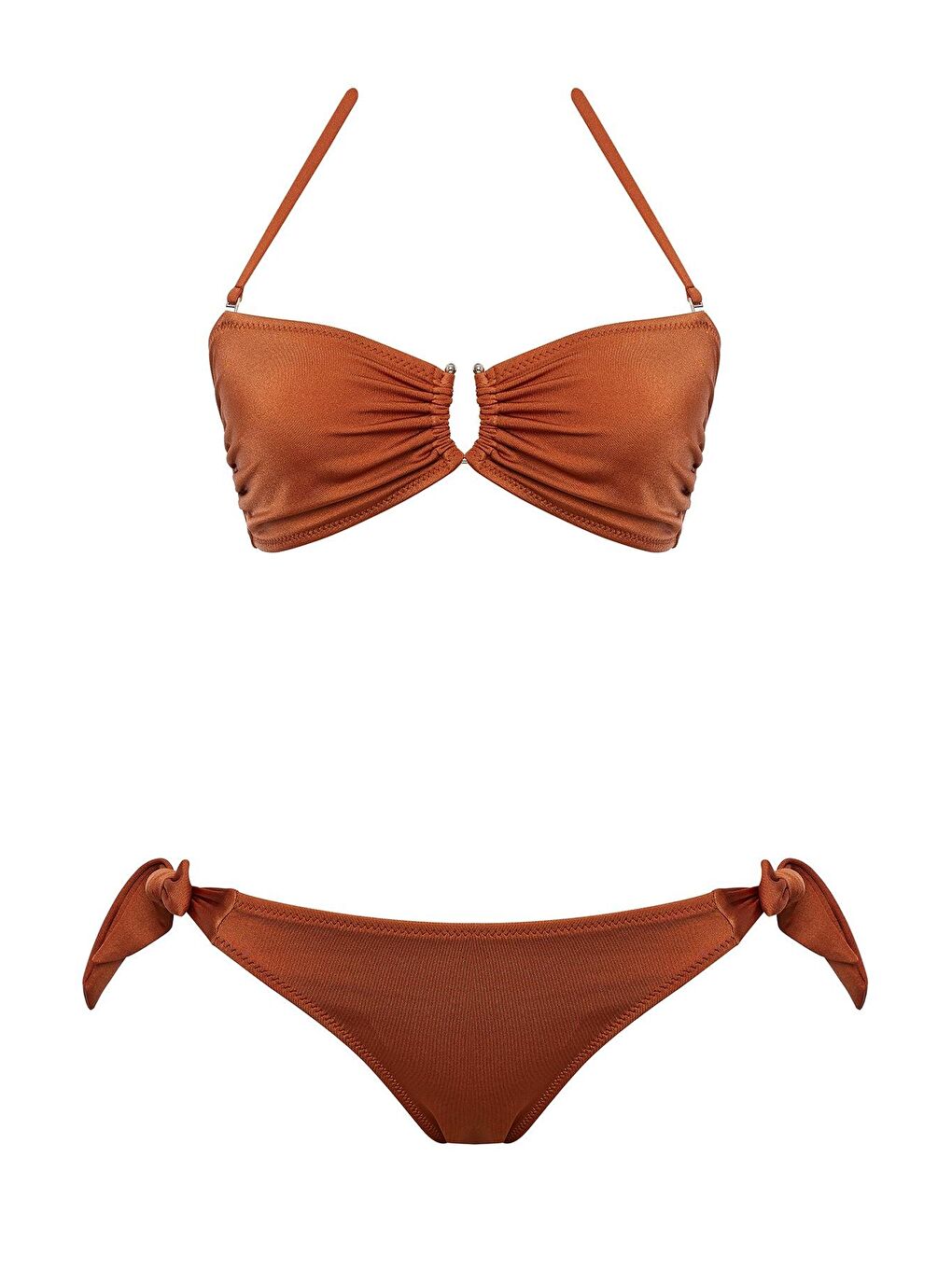 Kahverengi Aksesuarlı Straplez Bikini Takım