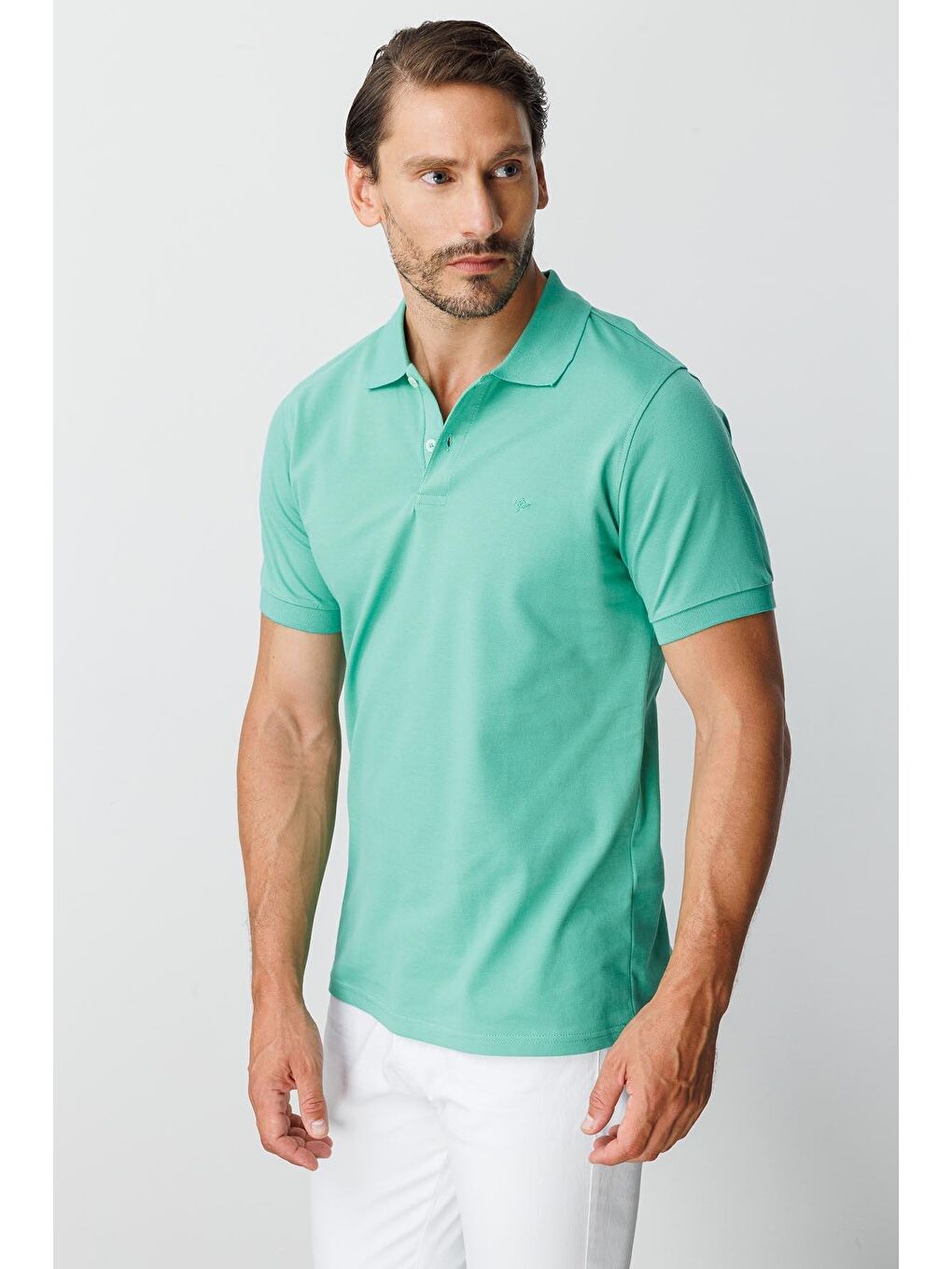 Nil Yeşili Modern Fit Dar Kalıp Polo Yaka Düz Kısa Kollu Pamuklu Tişört-2