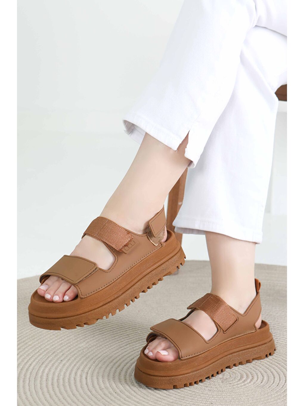 Kahverengi Kadın Taba Cırt Cırtlı Sandalet - 27419-4
