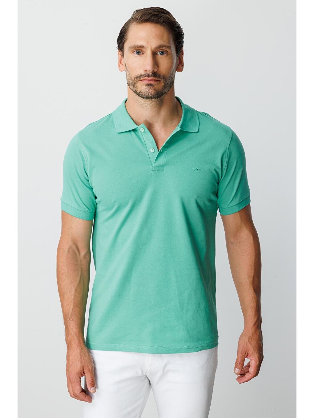 Nil Yeşili Modern Fit Dar Kalıp Polo Yaka Düz Kısa Kollu Pamuklu Tişört-3