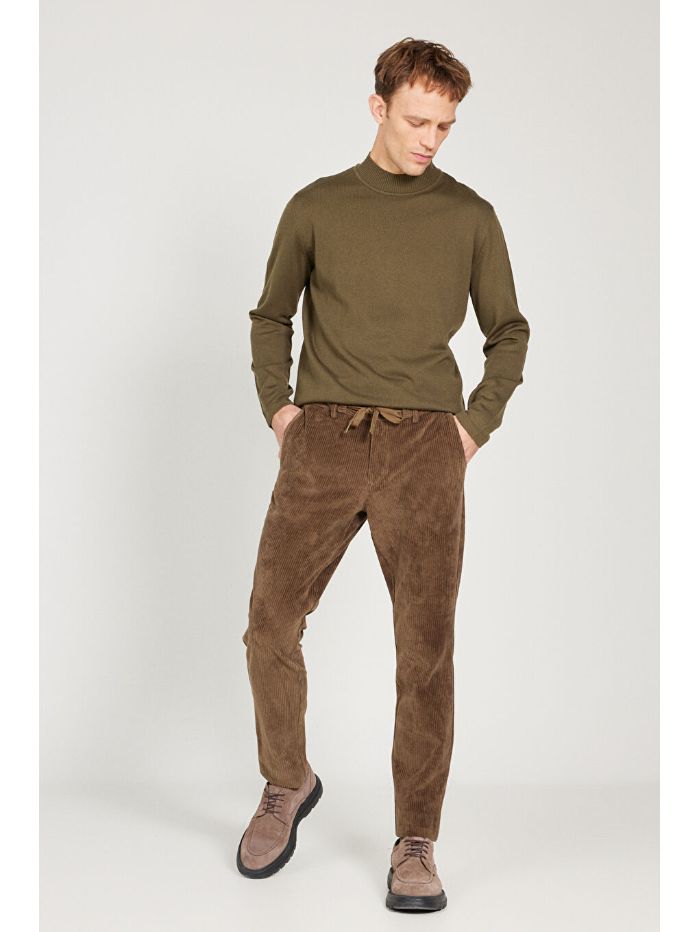 Erkek Haki Slim Fit Dar Kesim Beli Bağlamalı Pantolon-3