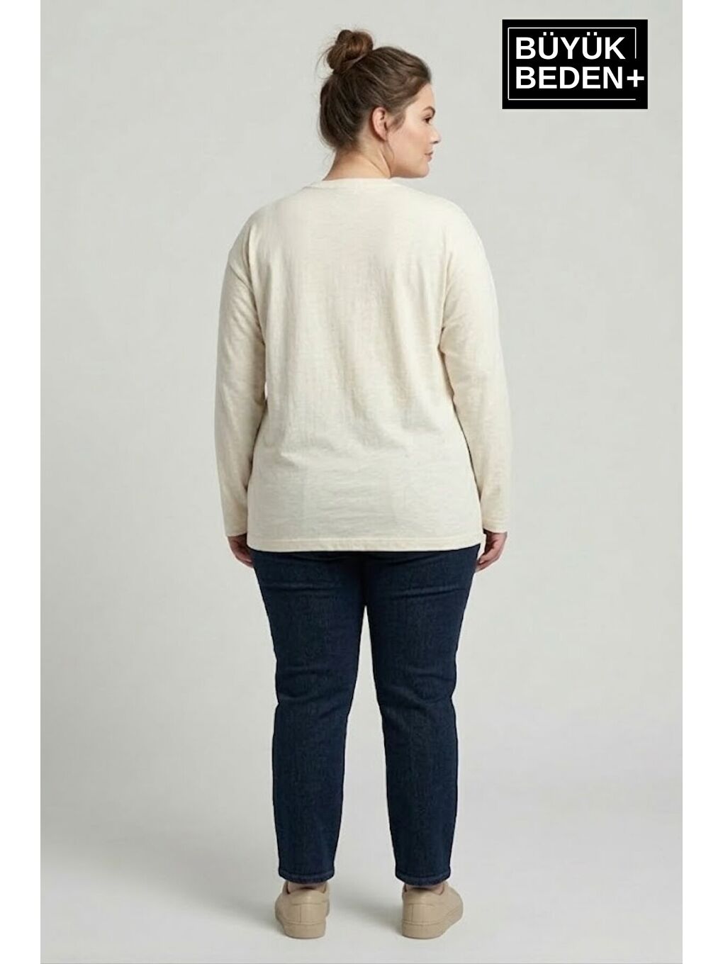 Ekru Kadın Büyük Beden M Baskılı 2 İplik Bisiklet Yaka Tişört SPR26BTSK942-13-1