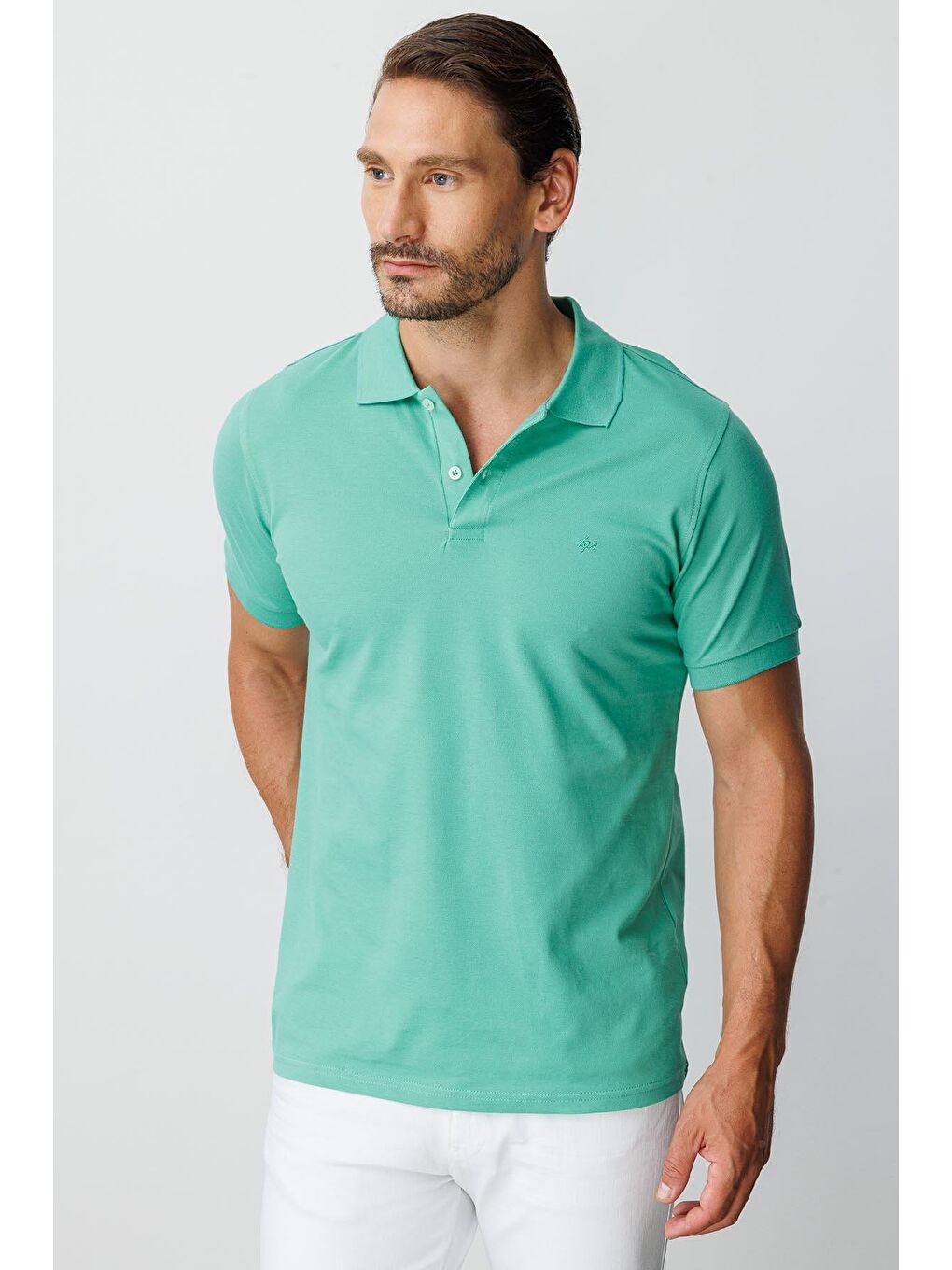 Nil Yeşili Modern Fit Dar Kalıp Polo Yaka Düz Kısa Kollu Pamuklu Tişört-4