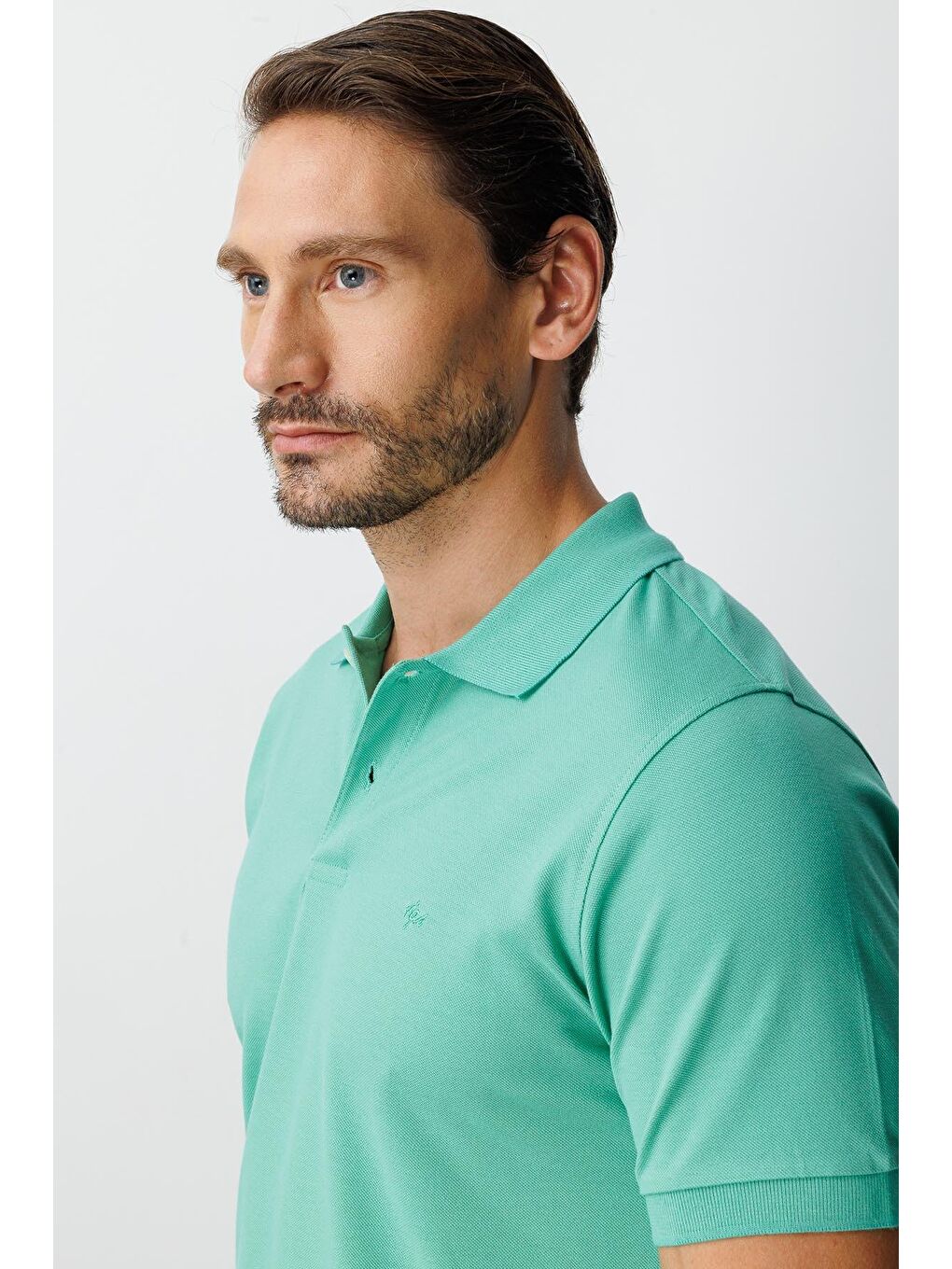 Nil Yeşili Modern Fit Dar Kalıp Polo Yaka Düz Kısa Kollu Pamuklu Tişört-5