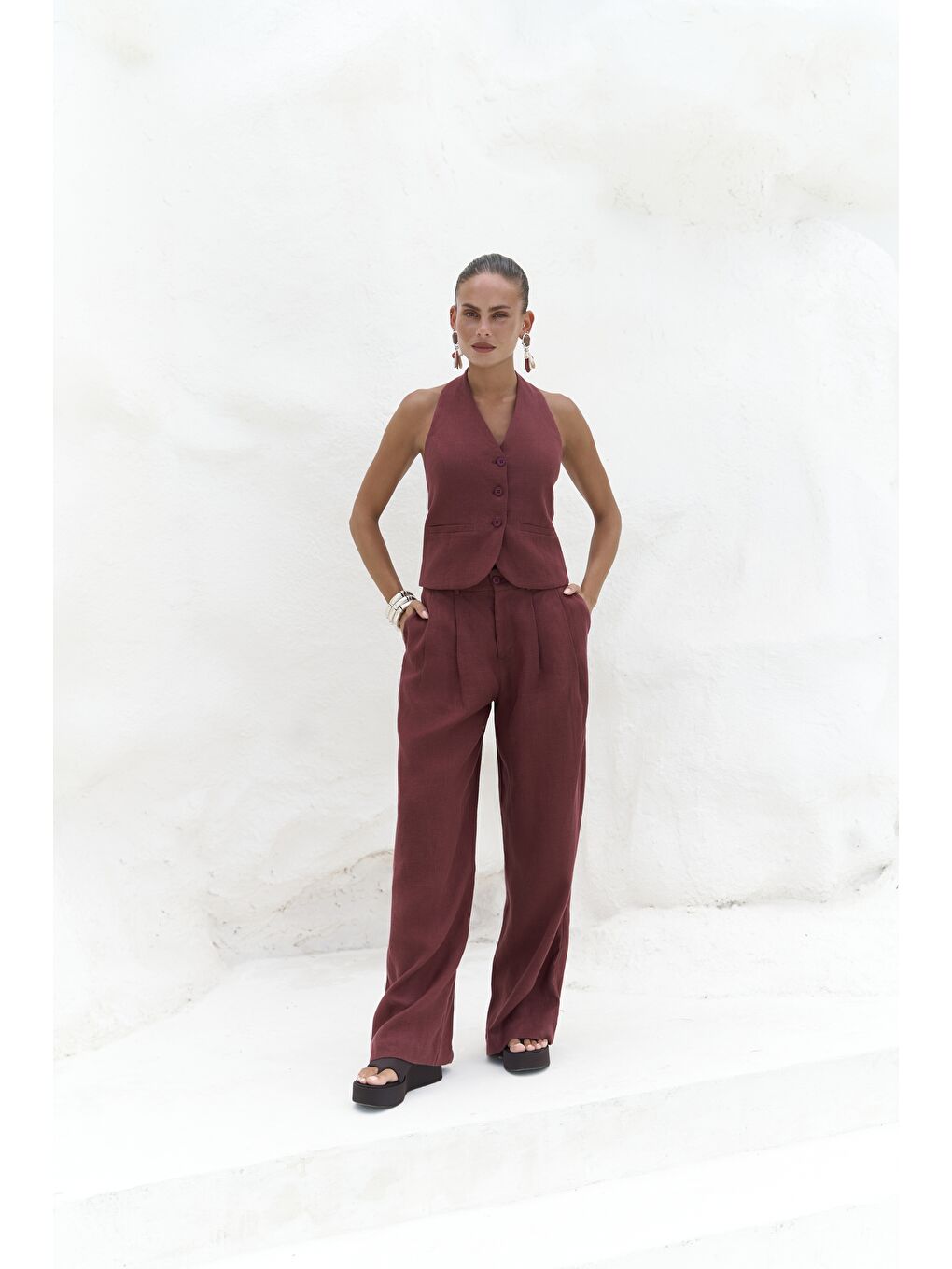 Dena Sırt Dekolteli Bordo Keten Yelek Pantolon Takım-1