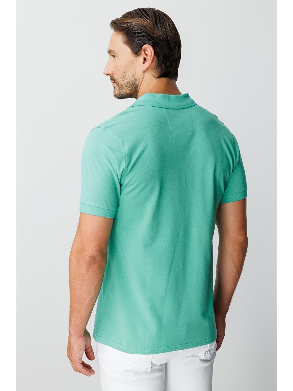 Nil Yeşili Modern Fit Dar Kalıp Polo Yaka Düz Kısa Kollu Pamuklu Tişört-6