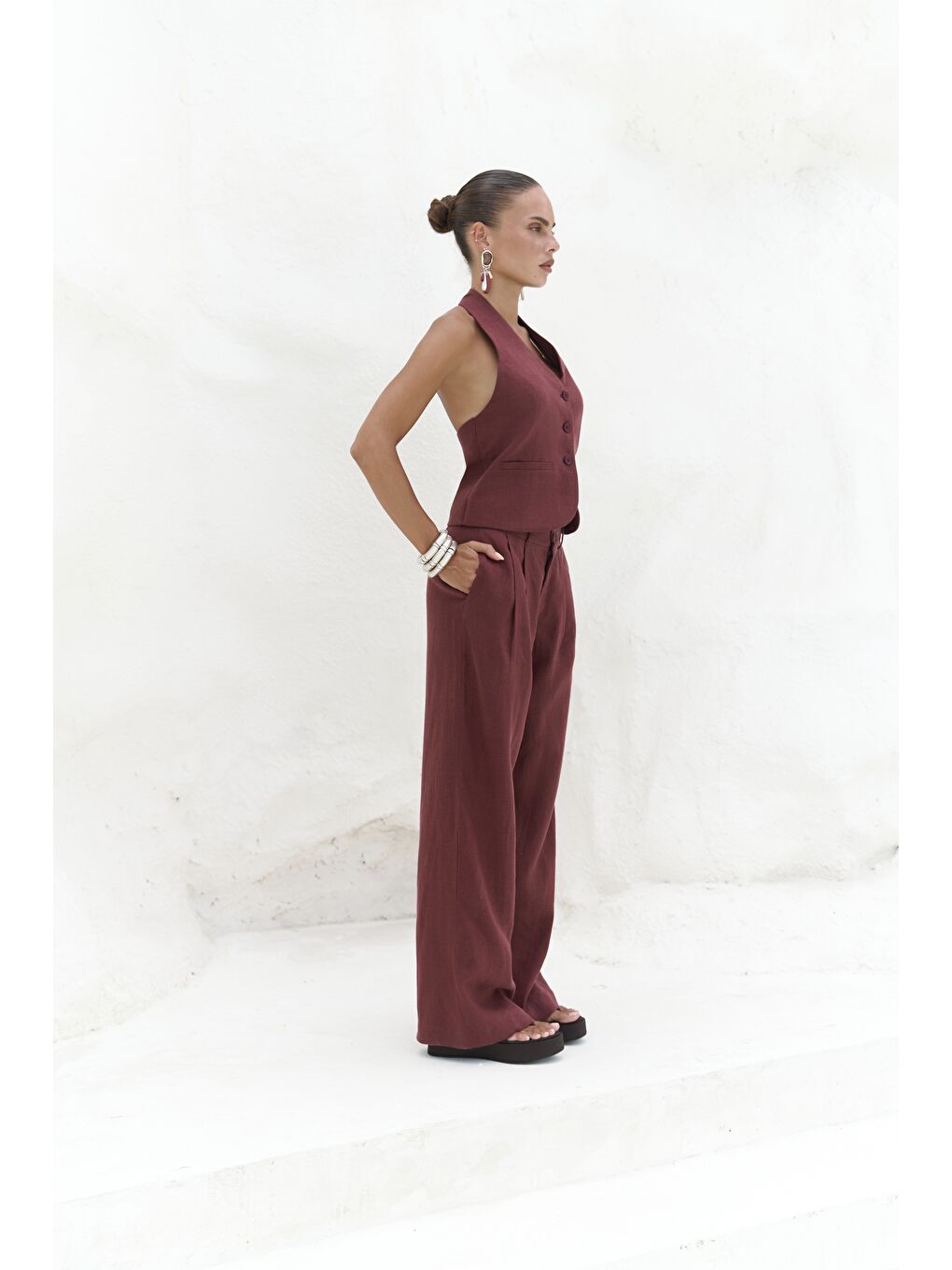 Dena Sırt Dekolteli Bordo Keten Yelek Pantolon Takım-2