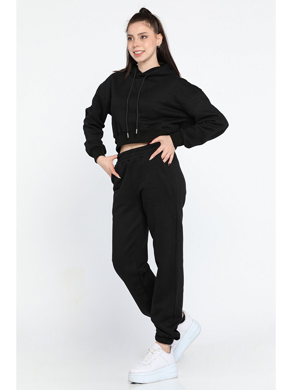 Siyah Kadın Kapüşonlu Üç İplik Şardonlu Eşofman Takımı-1