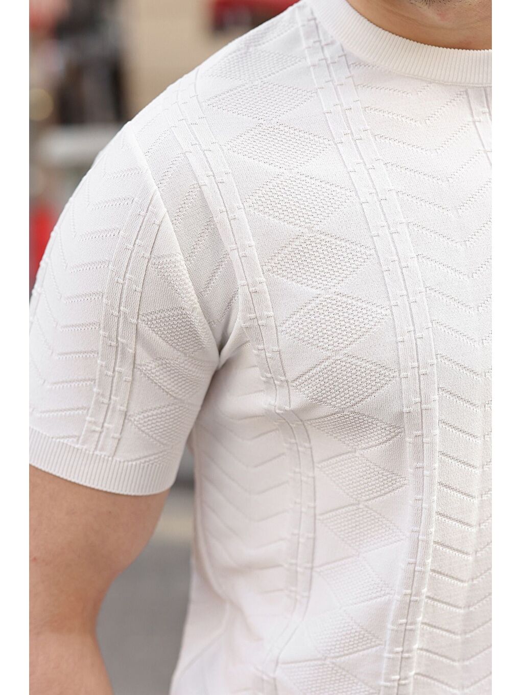 Beyaz Bisiklet Yaka Slim Fit Triko Erkek Tişört E7466-3