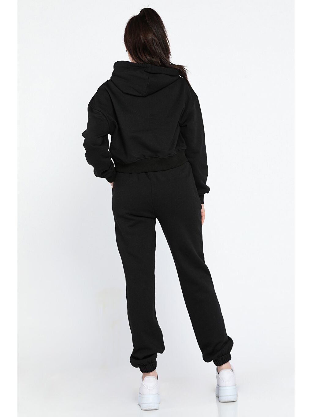 Siyah Kadın Kapüşonlu Üç İplik Şardonlu Eşofman Takımı-2
