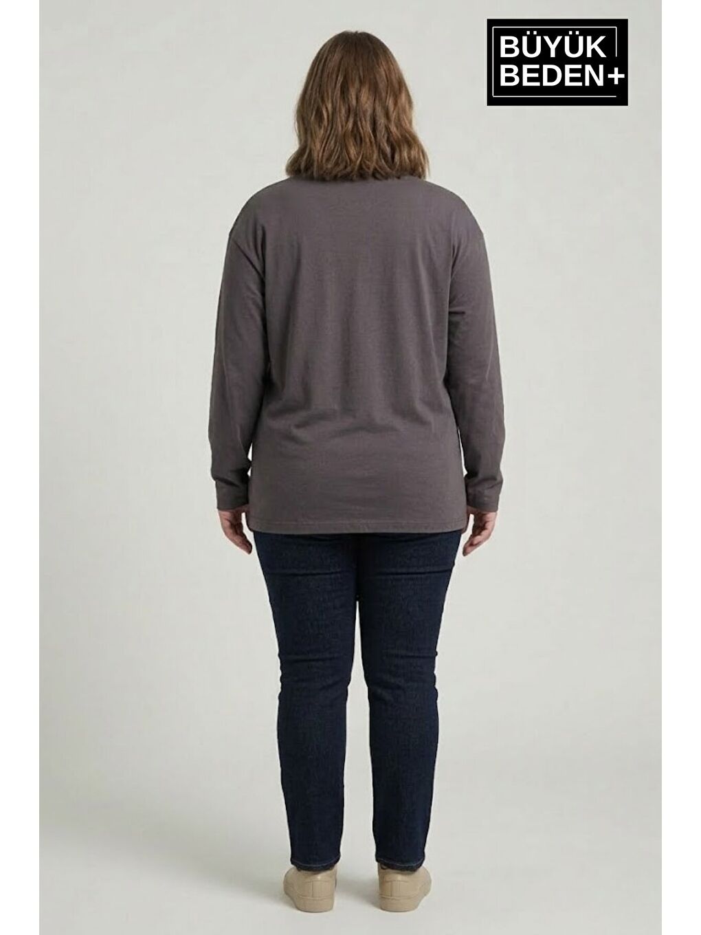 Gri Kadın Büyük Beden Orta Brooklyn Baskılı 2 İplik Bisiklet Yaka Tişört SPR26BTSK942-8-2