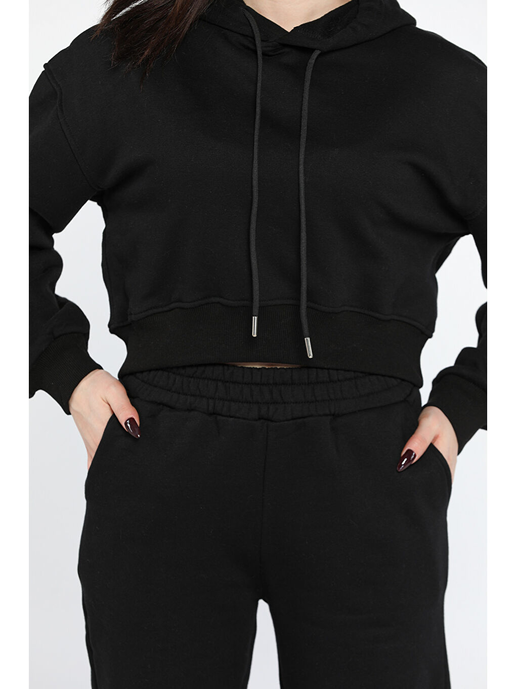 Siyah Kadın Kapüşonlu Üç İplik Şardonlu Eşofman Takımı-3