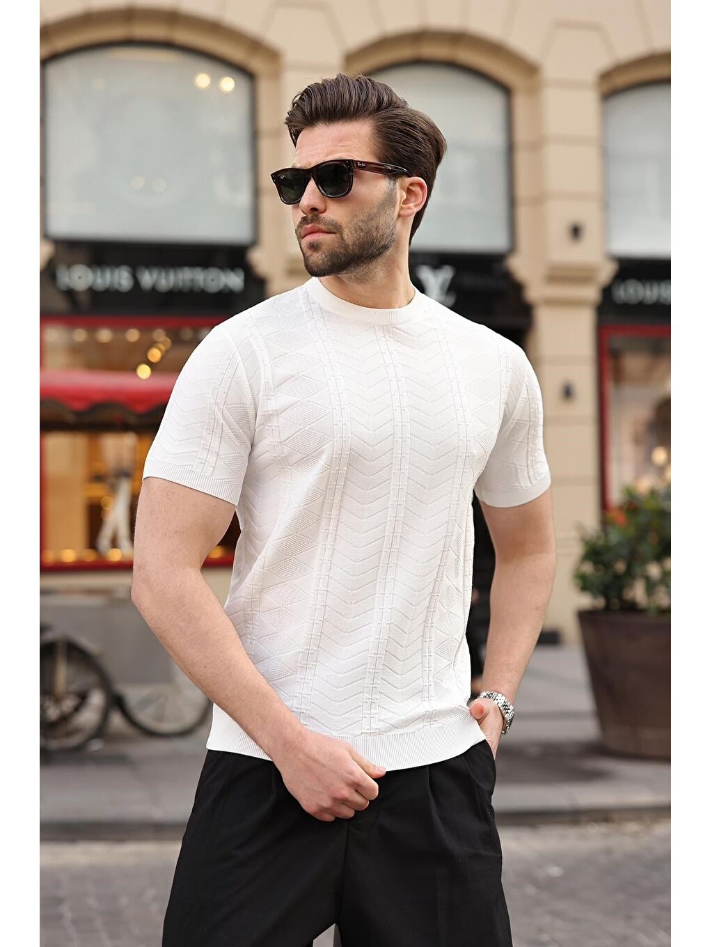 Beyaz Bisiklet Yaka Slim Fit Triko Erkek Tişört E7466-4