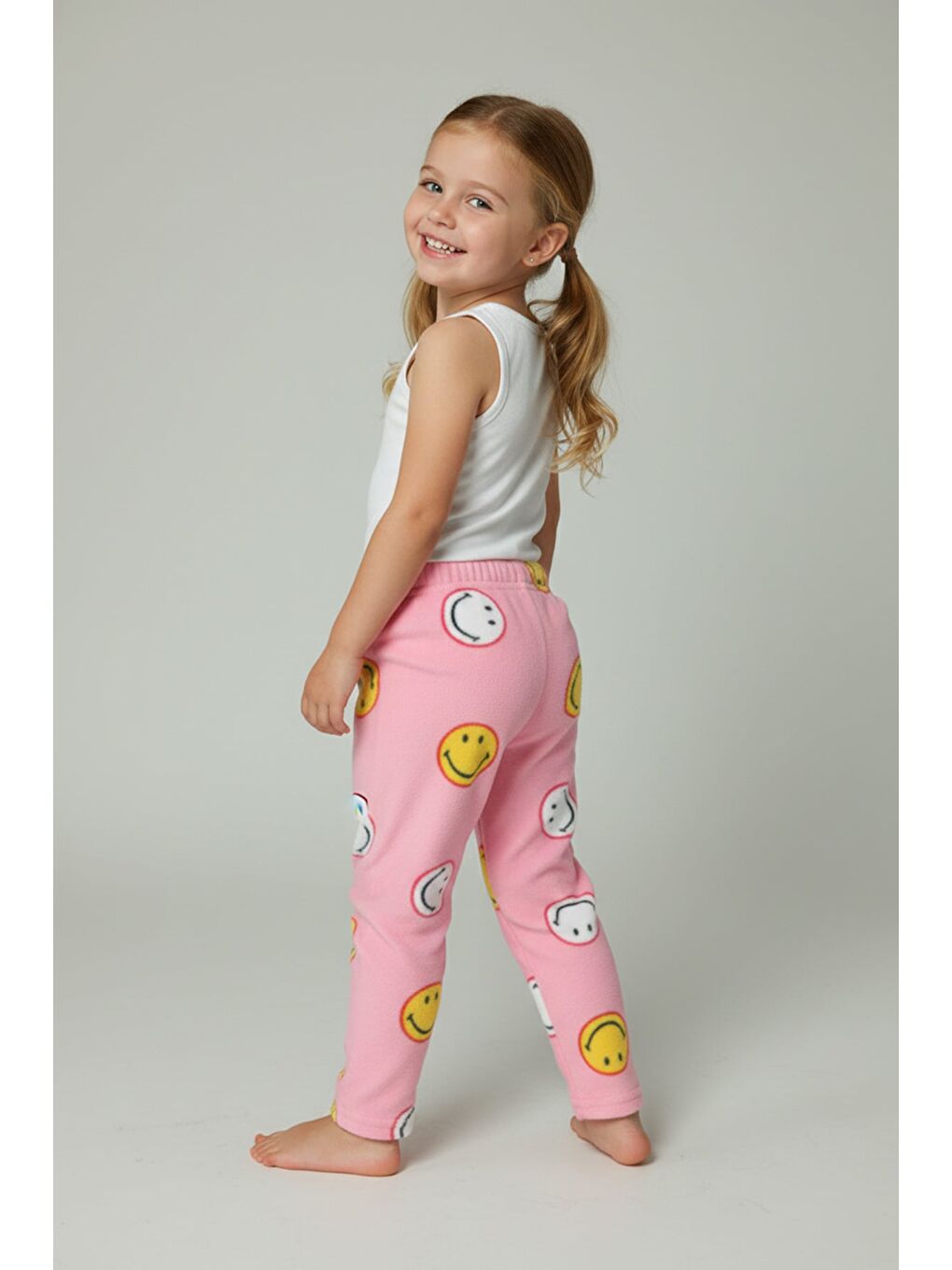 Pembe Gülen Yüz Desenli Polar Unisex Çocuk Pijama Altı-1