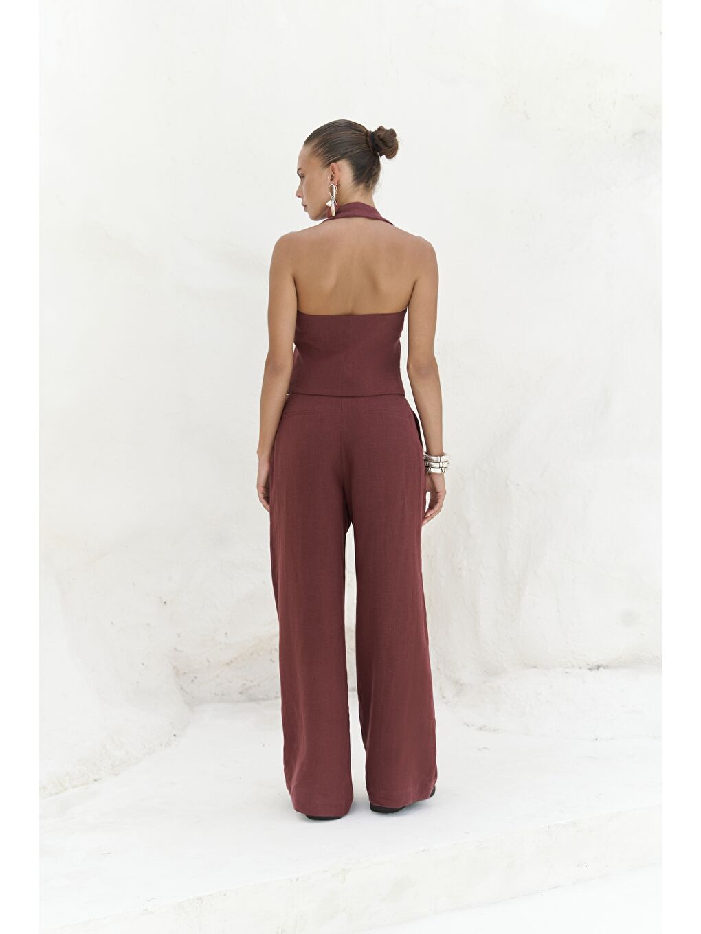 Dena Sırt Dekolteli Bordo Keten Yelek Pantolon Takım-3
