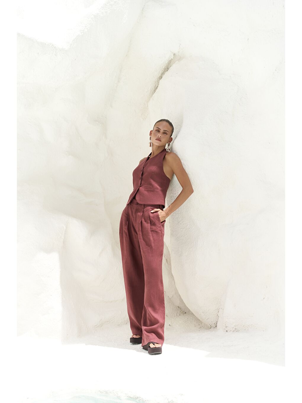 Dena Sırt Dekolteli Bordo Keten Yelek Pantolon Takım-4