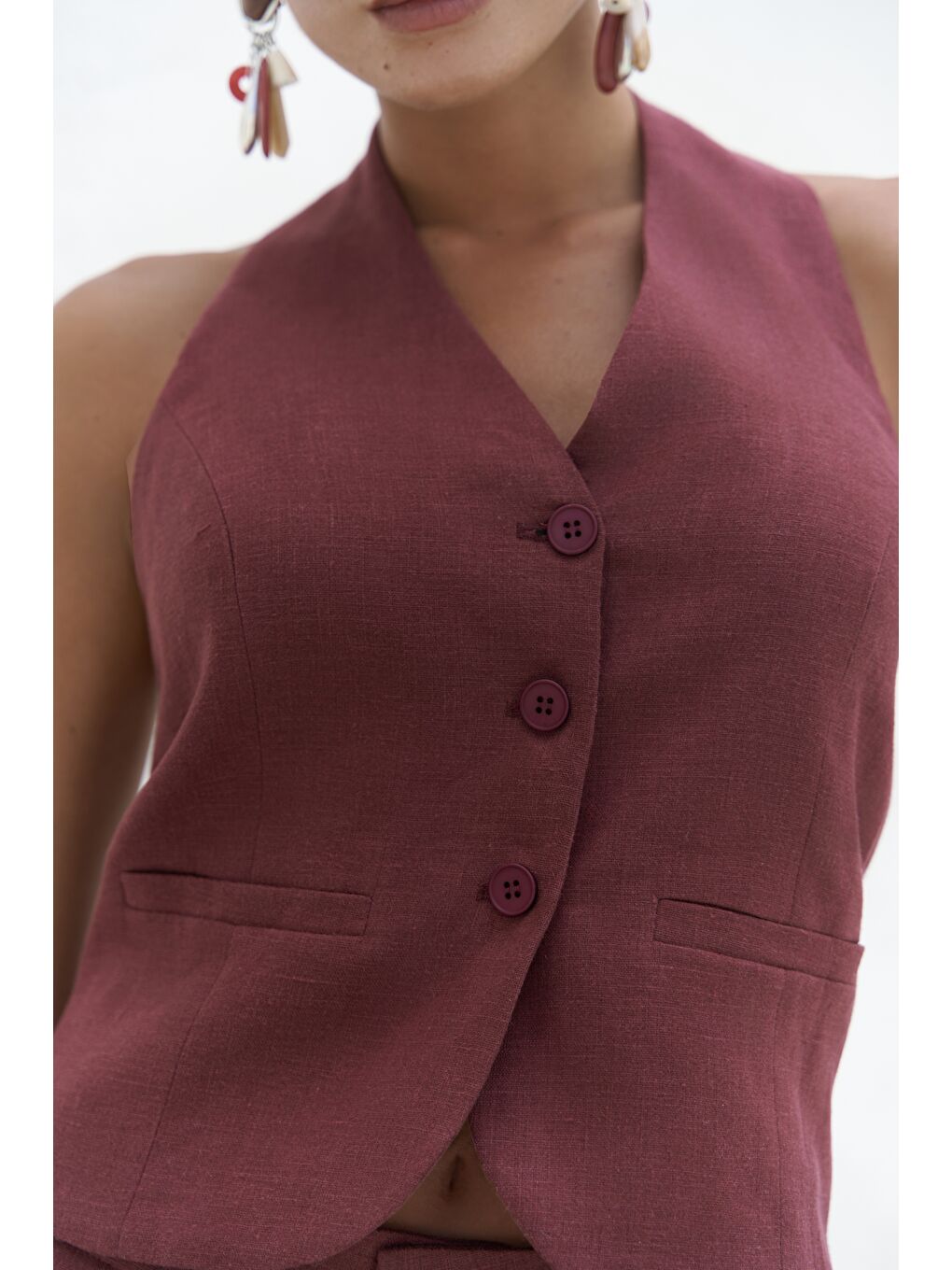 Dena Sırt Dekolteli Bordo Keten Yelek Pantolon Takım-5