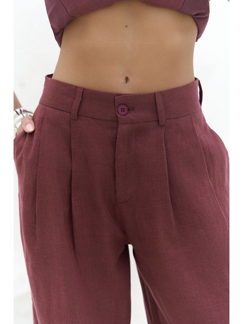 Dena Sırt Dekolteli Bordo Keten Yelek Pantolon Takım-6