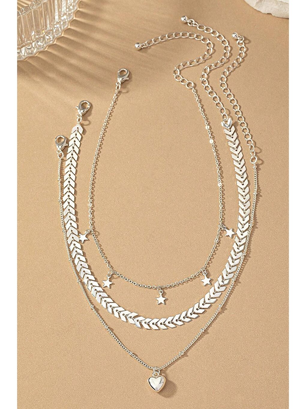 Gri Gümüş Rengi Yıldız Sallantılı Choker Kolye Seti