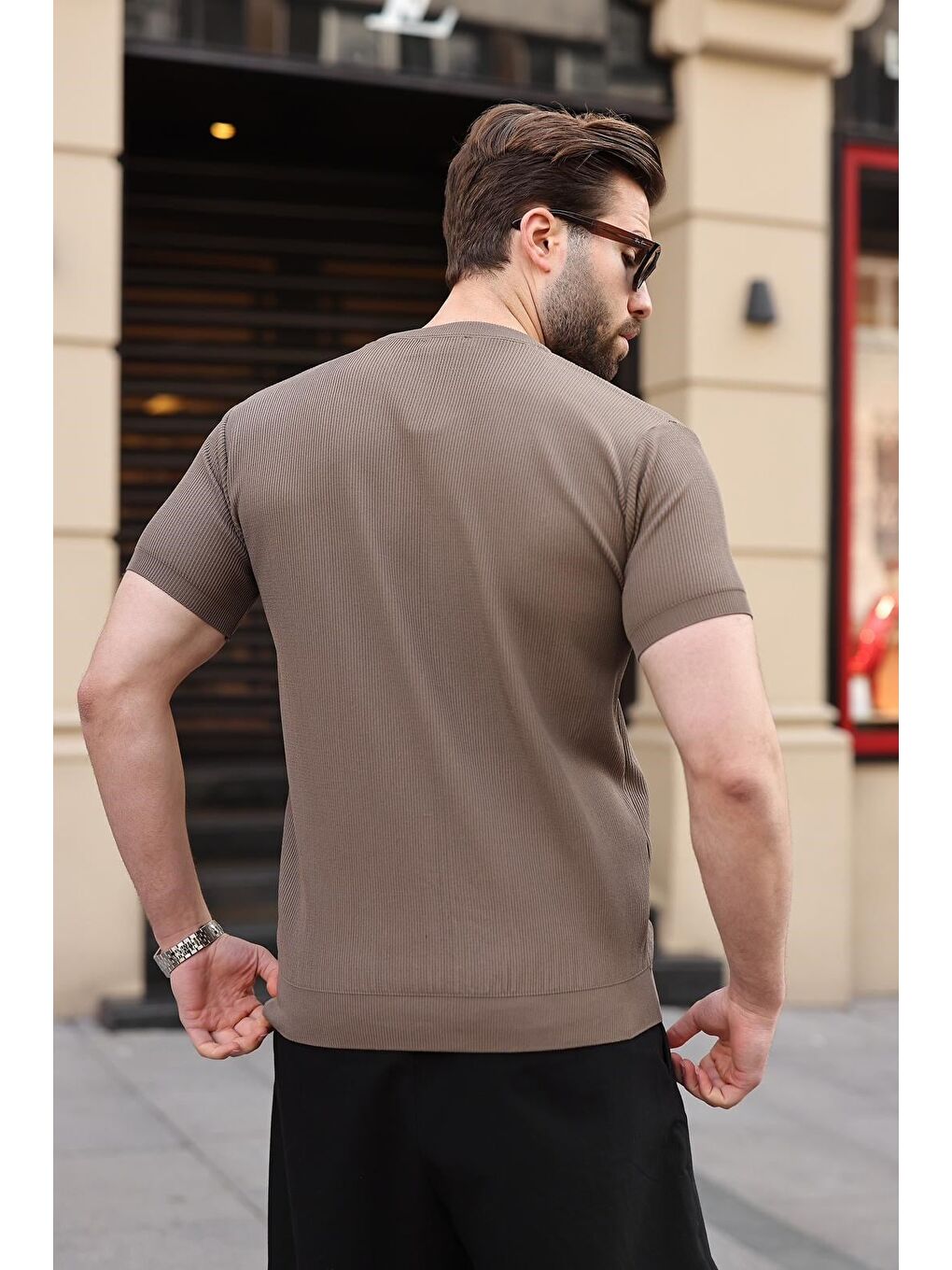 Açık Kahverengi Bisiklet Yaka Fitilli Erkek Tişört E7474-1