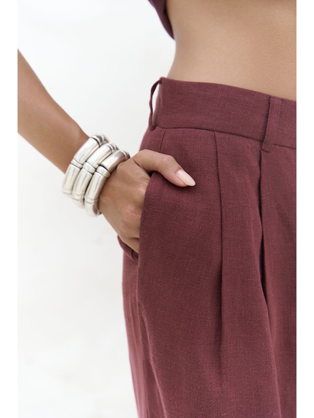 Dena Sırt Dekolteli Bordo Keten Yelek Pantolon Takım-7