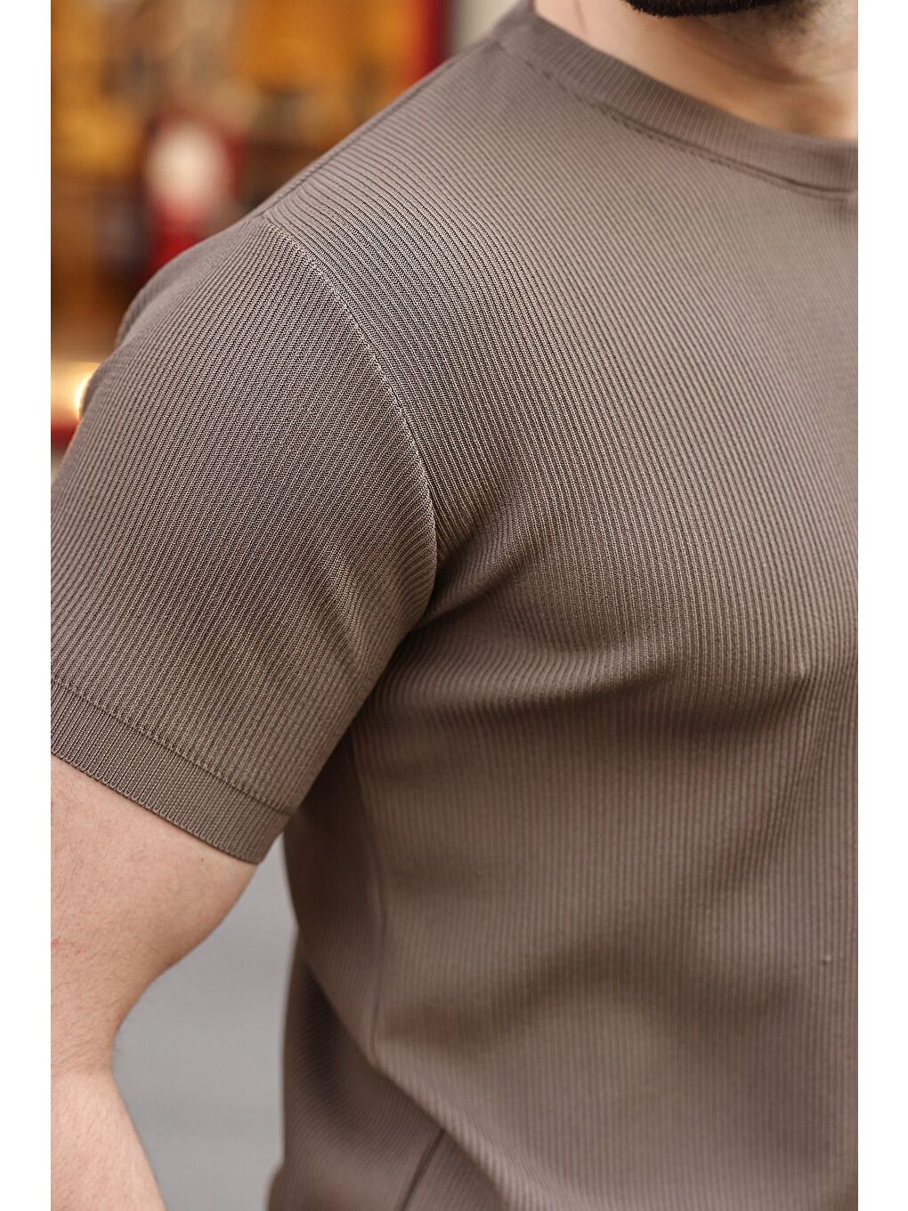 Açık Kahverengi Bisiklet Yaka Fitilli Erkek Tişört E7474-2