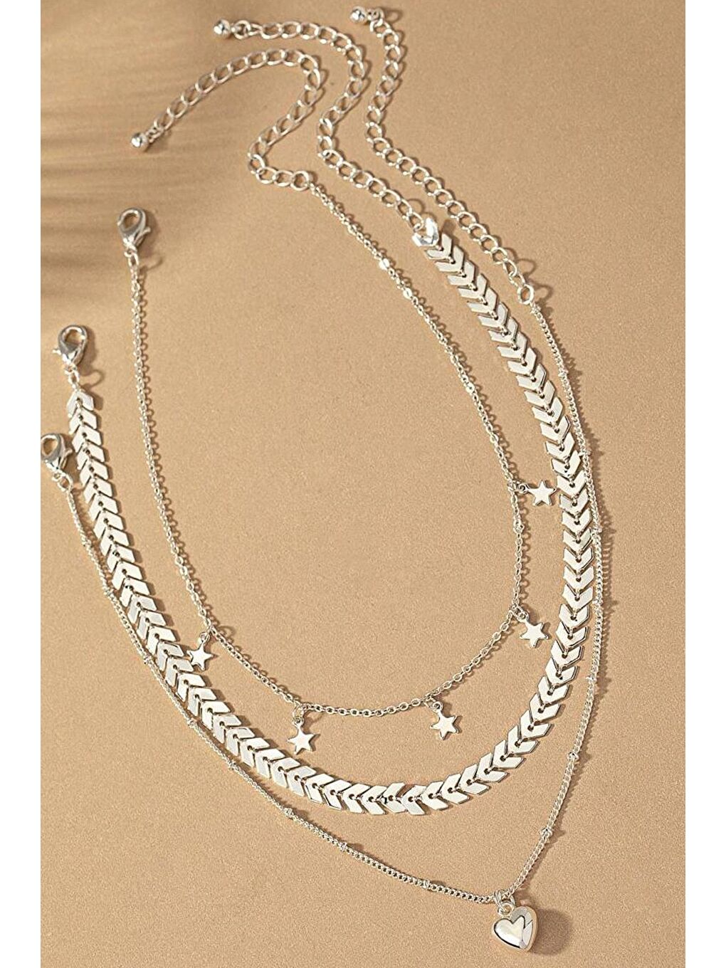 Gri Gümüş Rengi Yıldız Sallantılı Choker Kolye Seti-1