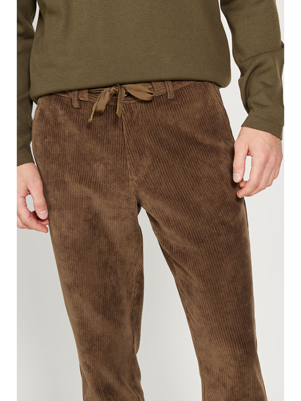 Erkek Haki Slim Fit Dar Kesim Beli Bağlamalı Pantolon-4