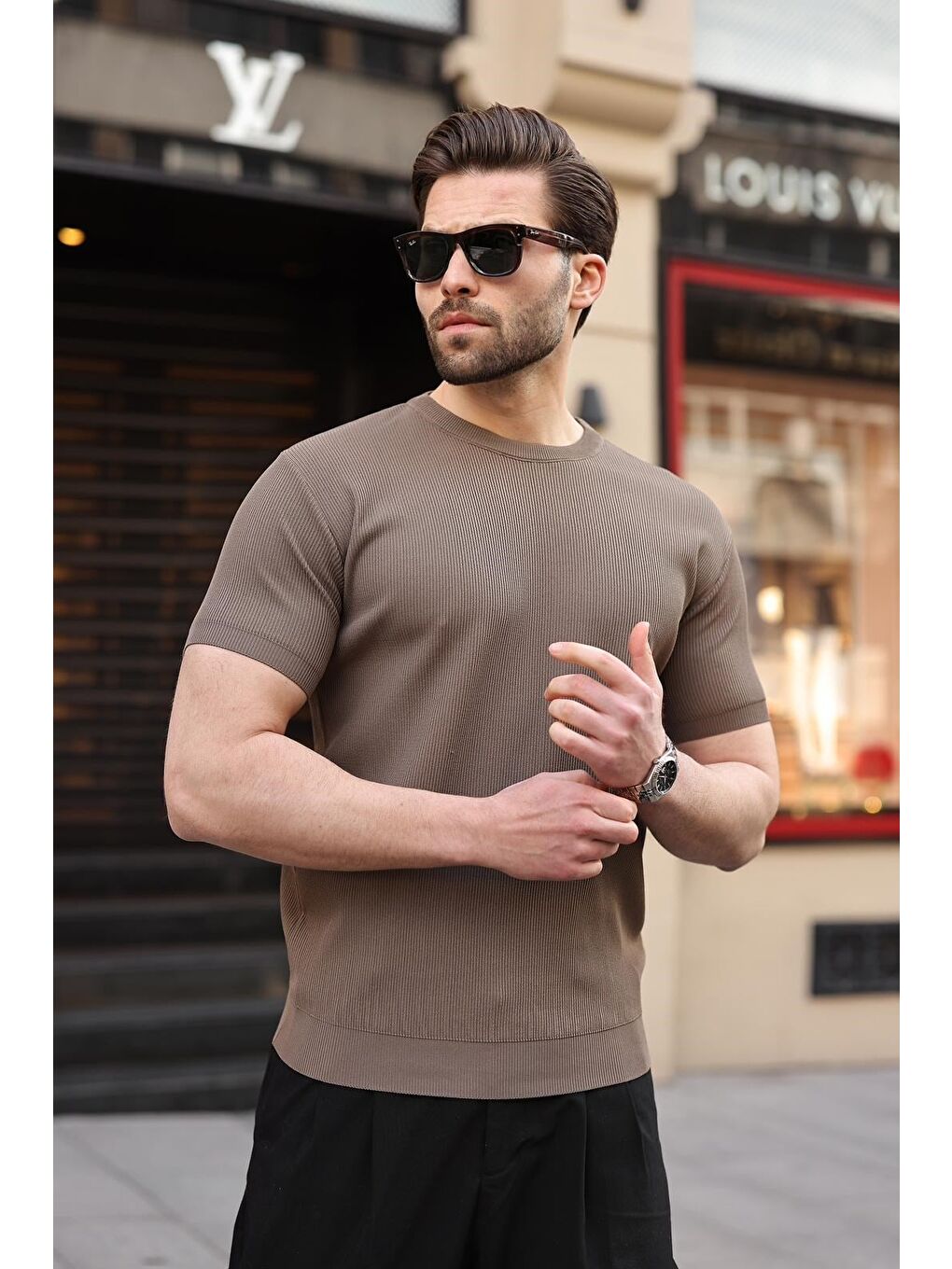 Açık Kahverengi Bisiklet Yaka Fitilli Erkek Tişört E7474-4