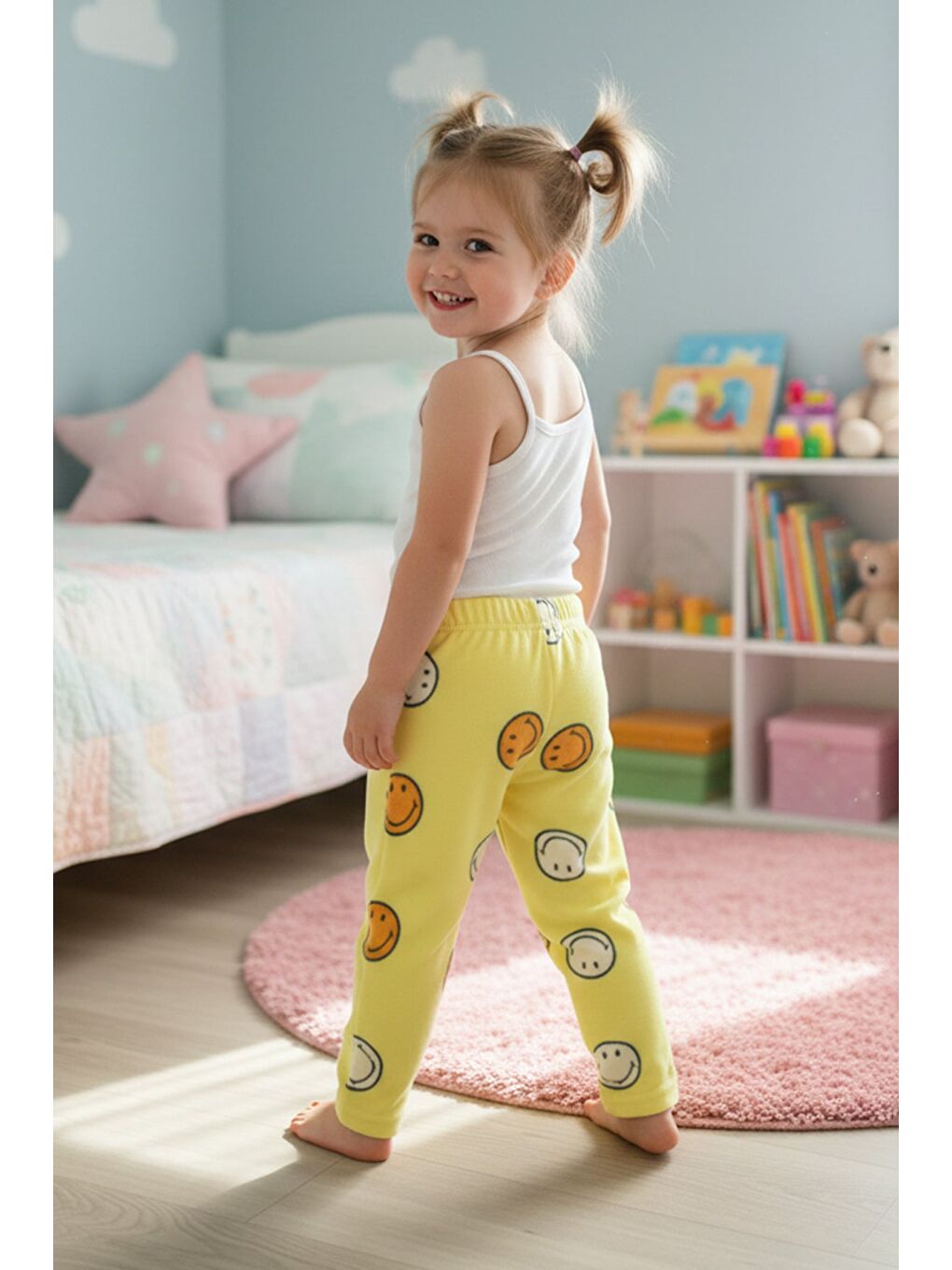 Sarı Gülen Yüz Desenli Polar Unisex Çocuk Pijama Altı-1