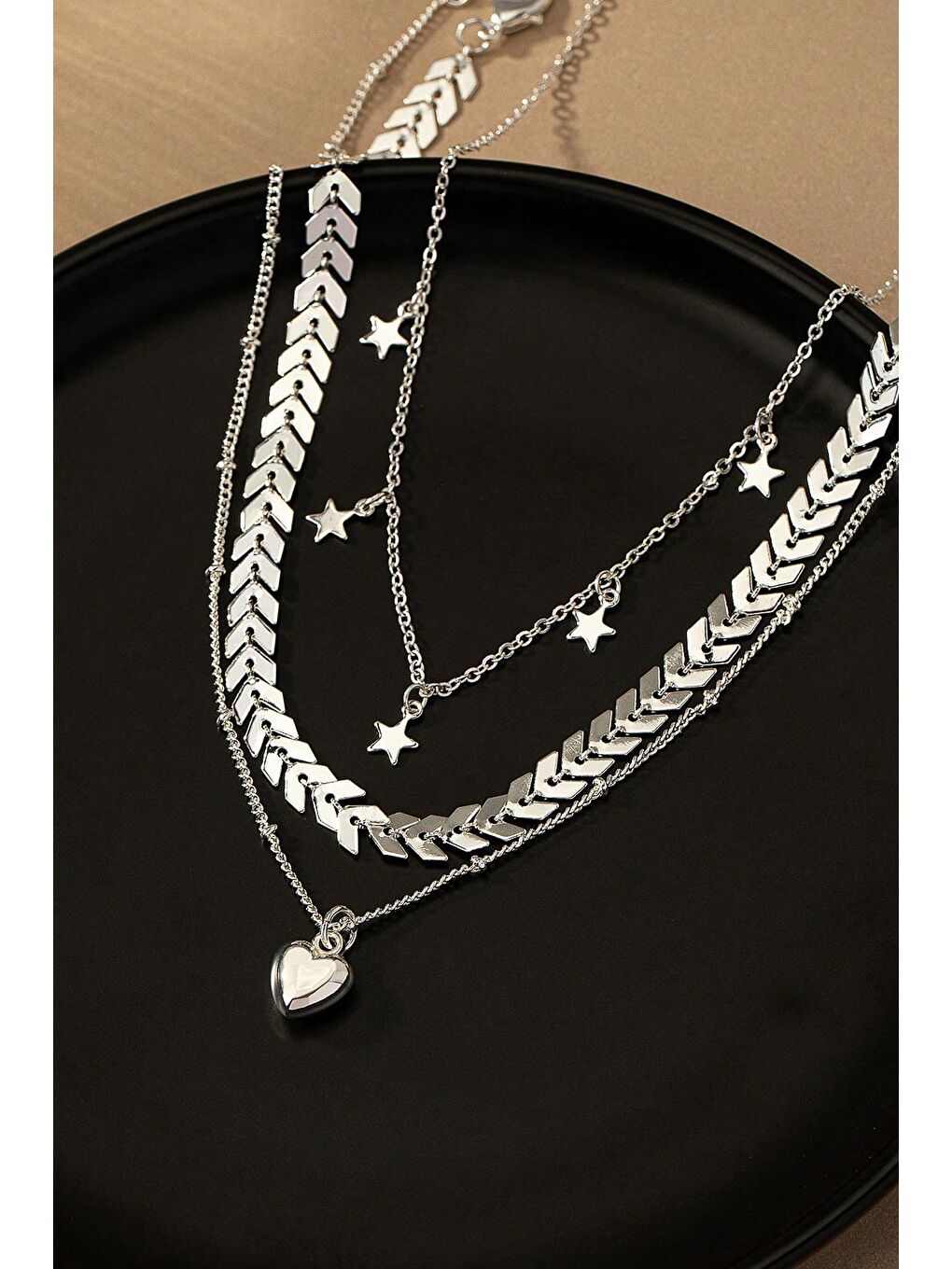 Gri Gümüş Rengi Yıldız Sallantılı Choker Kolye Seti-2