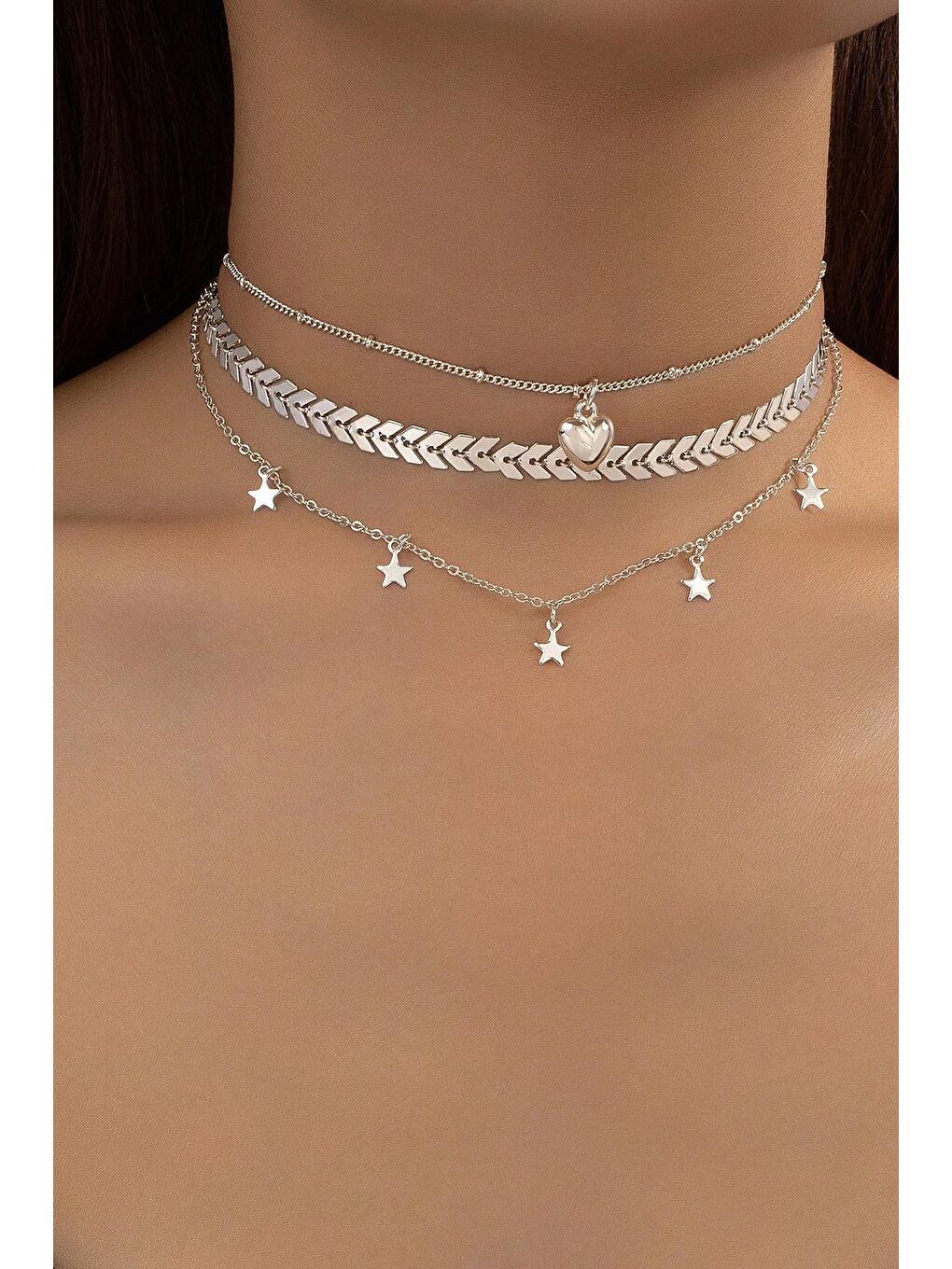 Gri Gümüş Rengi Yıldız Sallantılı Choker Kolye Seti-3