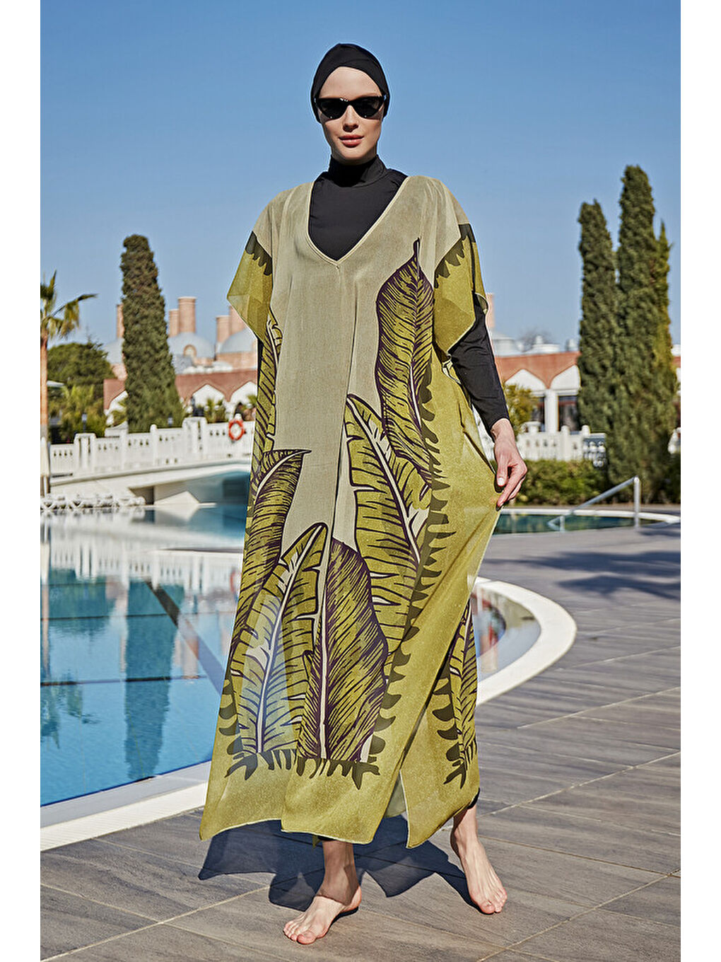 Mor Tesettür Mayo Üzerine Tasarım Tek Kaftan Pareo RDP001 Dev Yapraklar-2