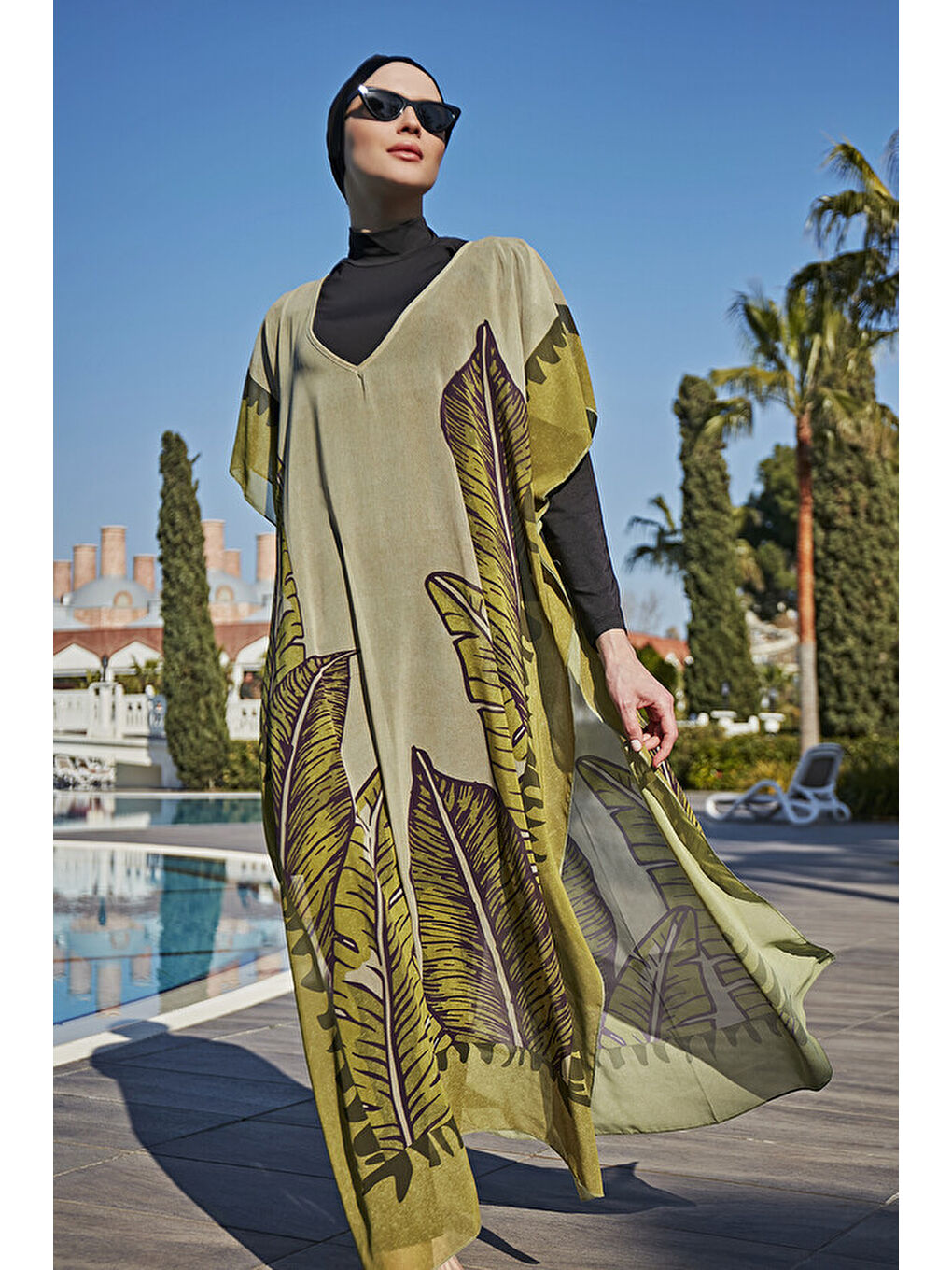 Mor Tesettür Mayo Üzerine Tasarım Tek Kaftan Pareo RDP001 Dev Yapraklar-3