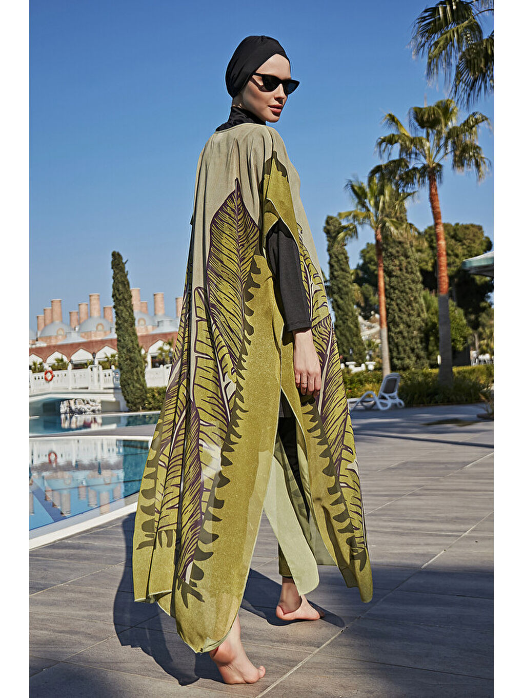 Mor Tesettür Mayo Üzerine Tasarım Tek Kaftan Pareo RDP001 Dev Yapraklar-4