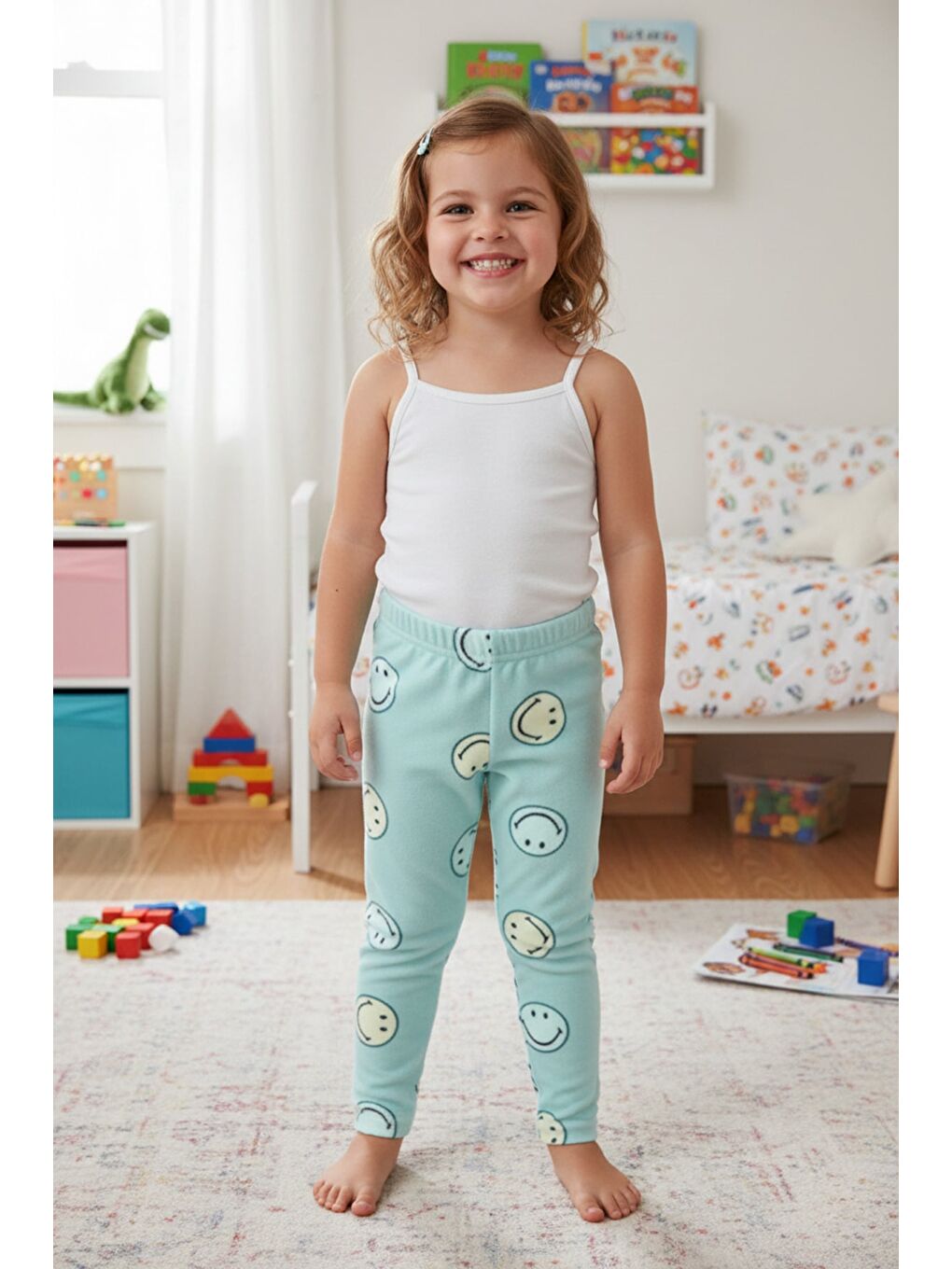 Turkuaz Gülen Yüz Desenli Polar Unisex Çocuk Pijama Altı