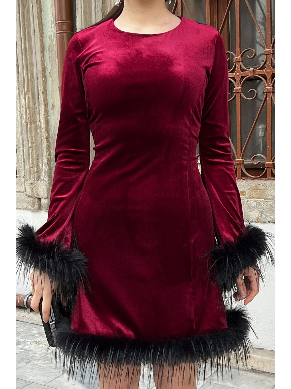 Bordo Kadın Tüy Detaylı Kloş Mini Elbise-2